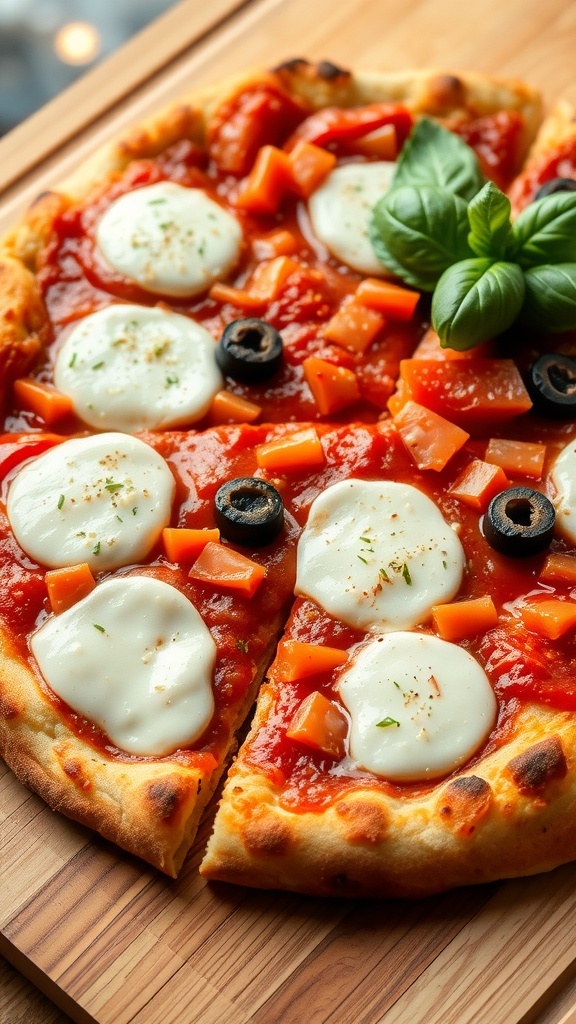 Gluten-Free Yeast-Free Pizza Crust Recipe Gluten-free pizza with golden crust, tomato sauce, mozzarella cheese, and vegetables on a wooden cutting board.